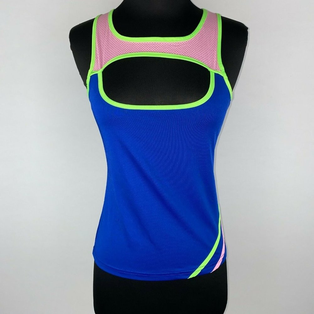 True Rock Juniors M Blue Green Pink Keyhole Activewear Like Top Mesh Back Accent